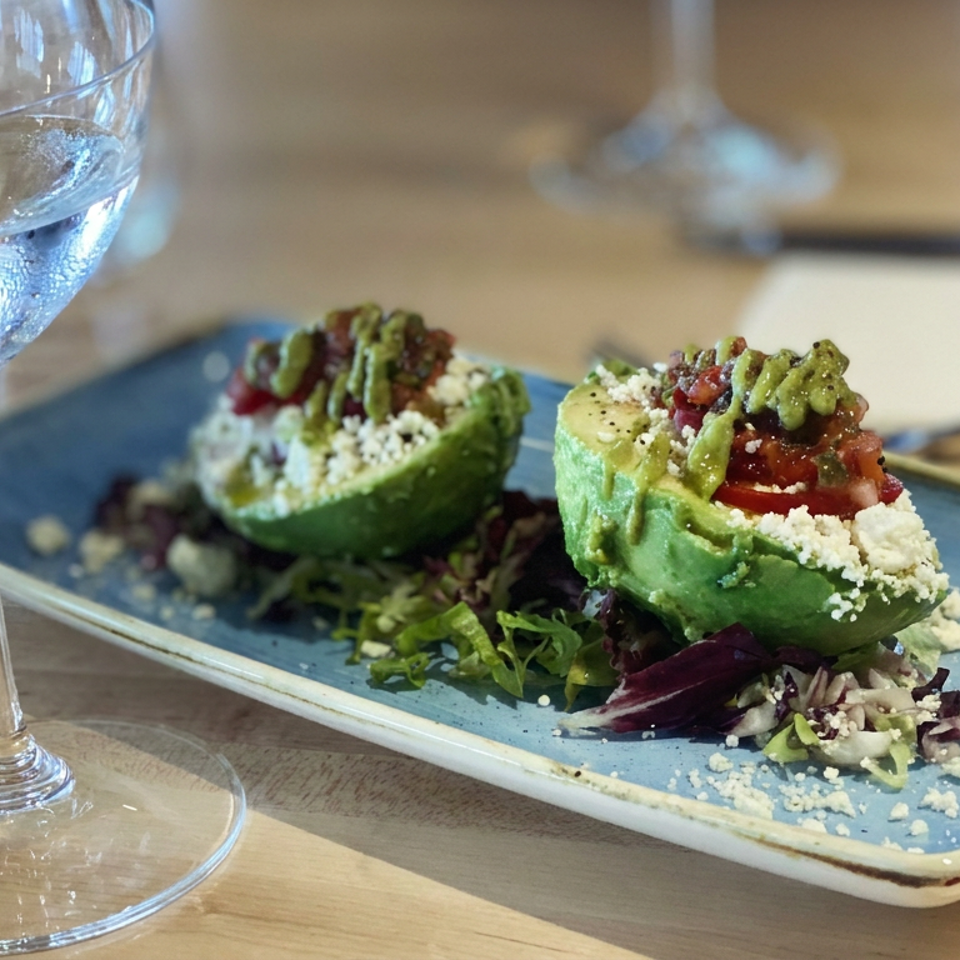 Two avocado halves filled with greens, tomatoes, and crumbly cheese sit on a blue plate beside a wine glass.