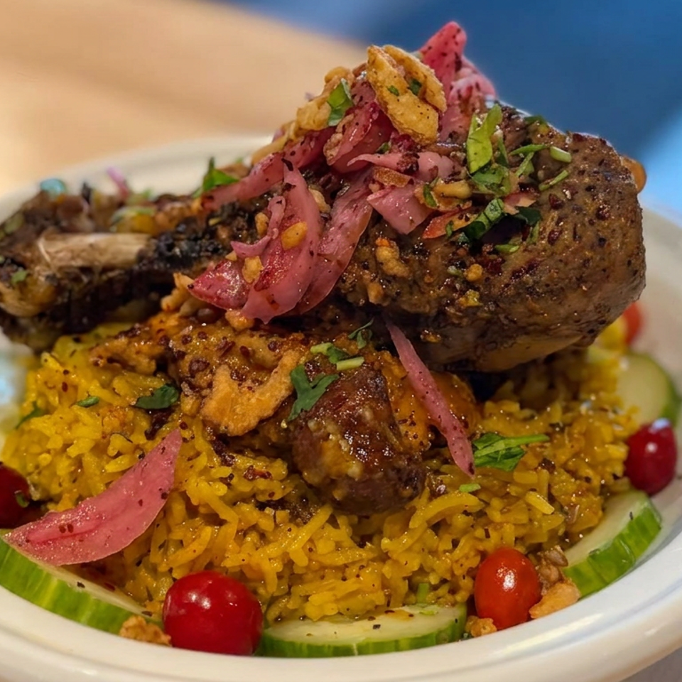 Middle Eastern-style grilled meat atop saffron rice, garnished with pickled onions, herbs, cucumber slices, and cherry tomatoes.