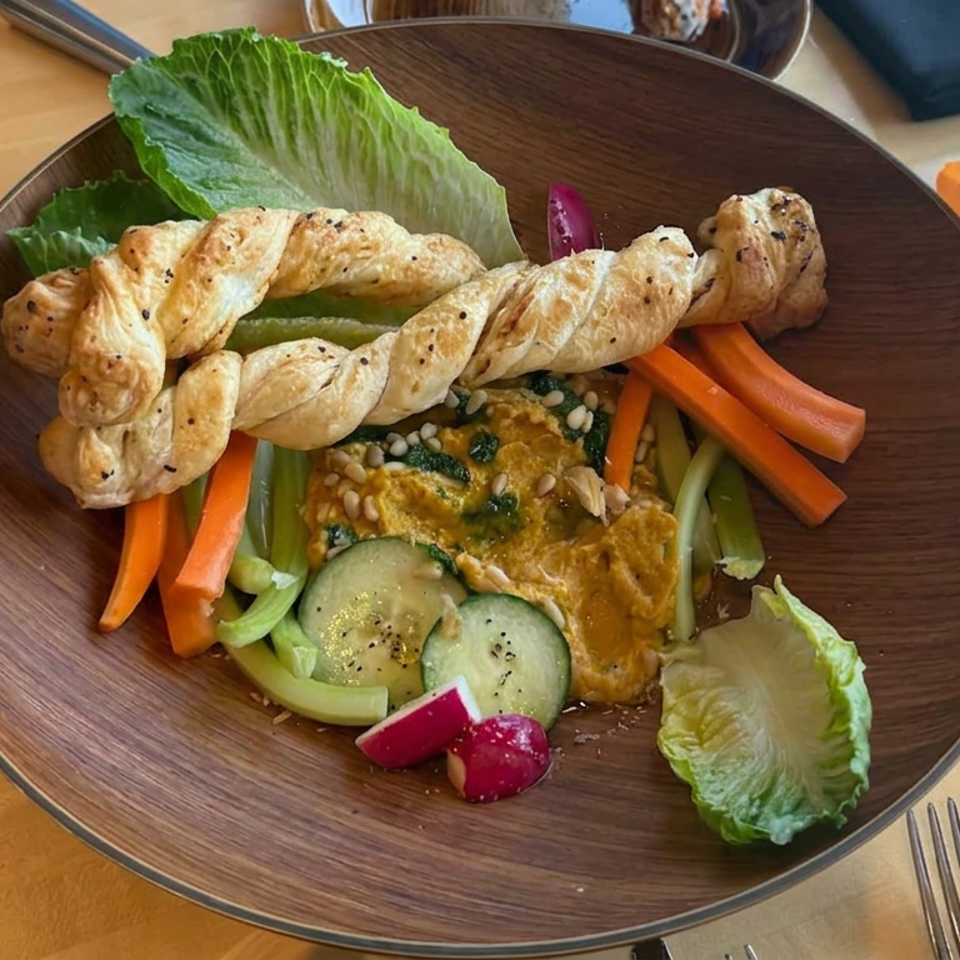 Wooden platter of twisted flatbread, hummus, lettuce, cucumber, carrots, celery, radishes, and pine nuts on a restaurant table.