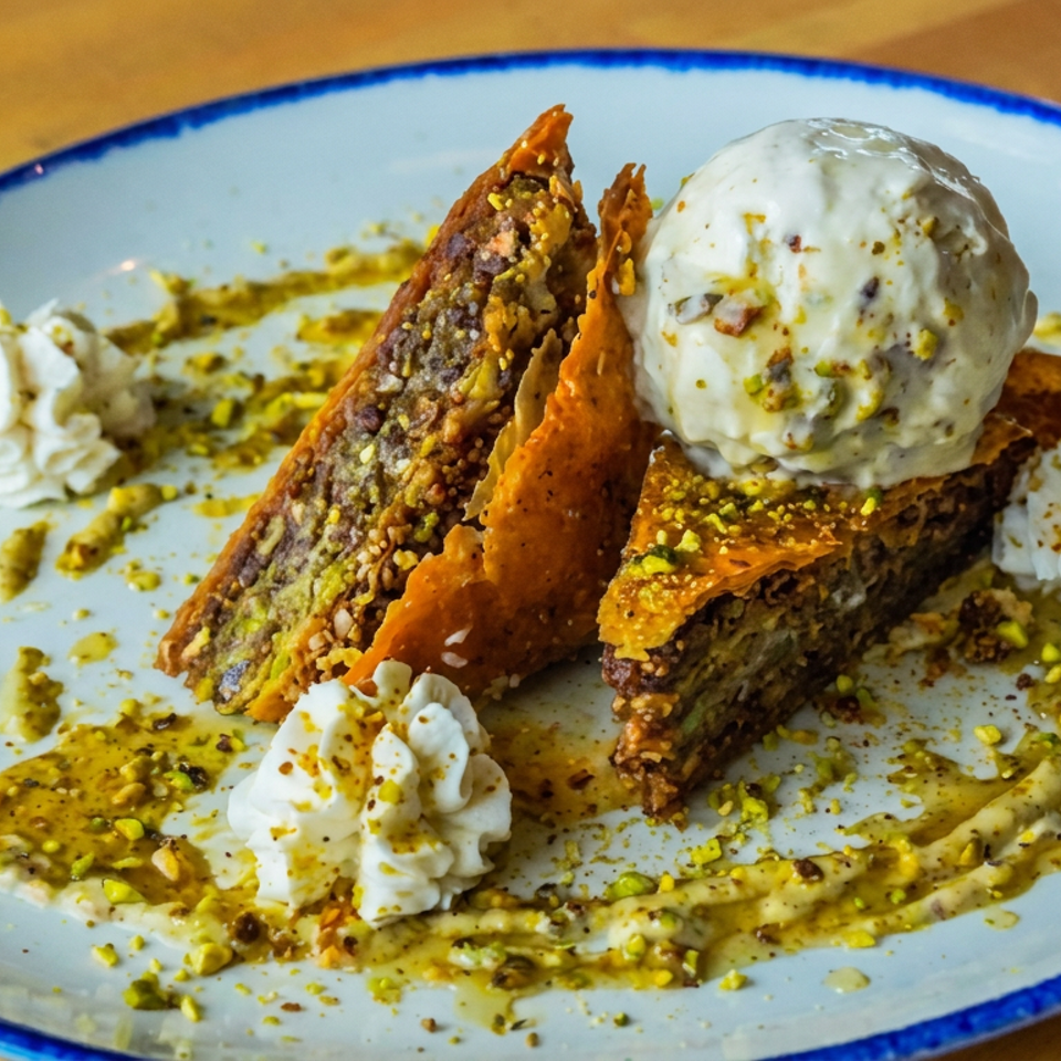 Pistachio baklava triangles topped with vanilla ice cream, whipped cream, pistachio crumbs, and syrup on a blue-rimmed plate.