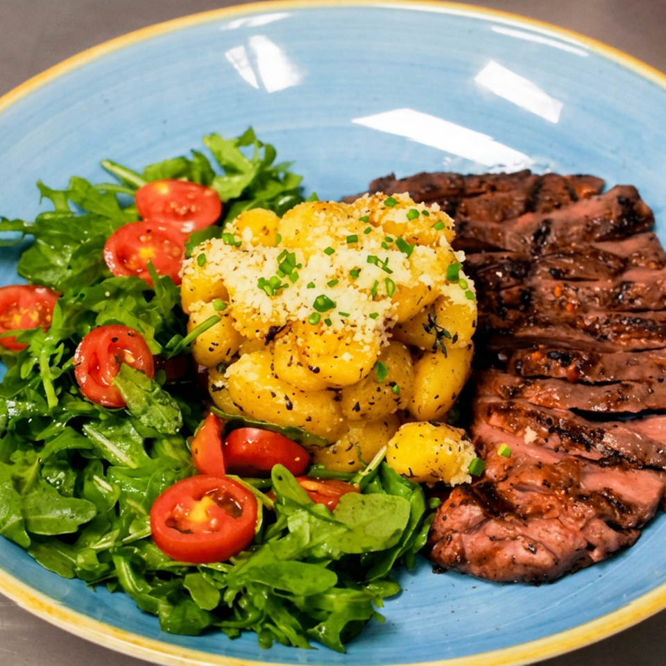 Blue plate featuring sliced grilled steak, roasted potatoes garnished with herbs, and arugula salad with cherry tomatoes.
